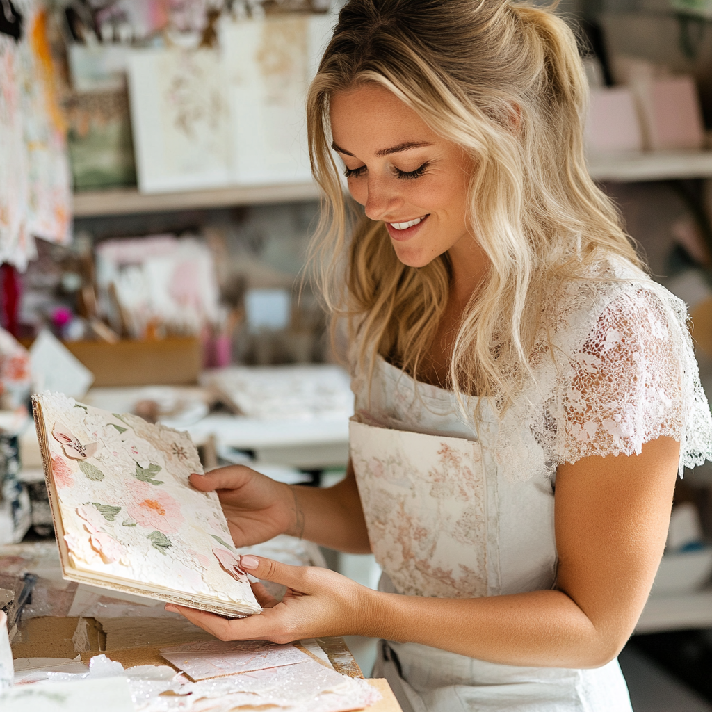 beautiful woman crafting with paper